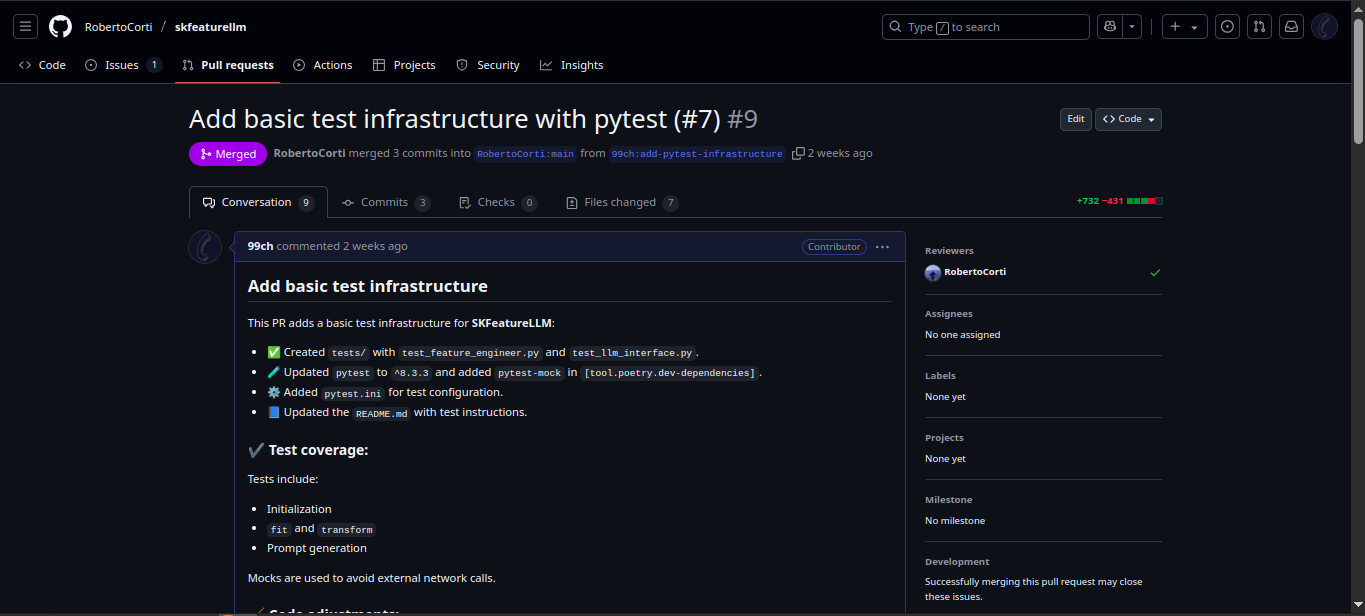 Pytest-based test suite for SKFeatureLLM